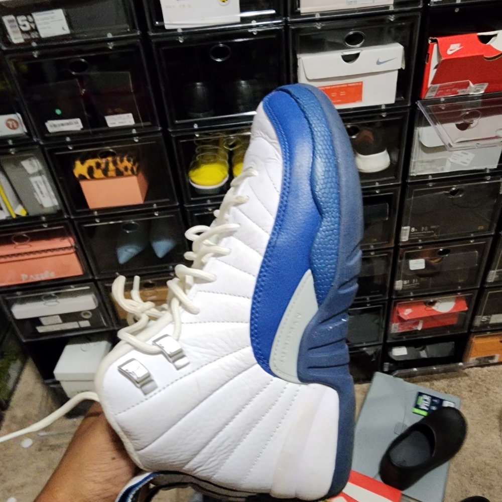 Navy blue and white jordans